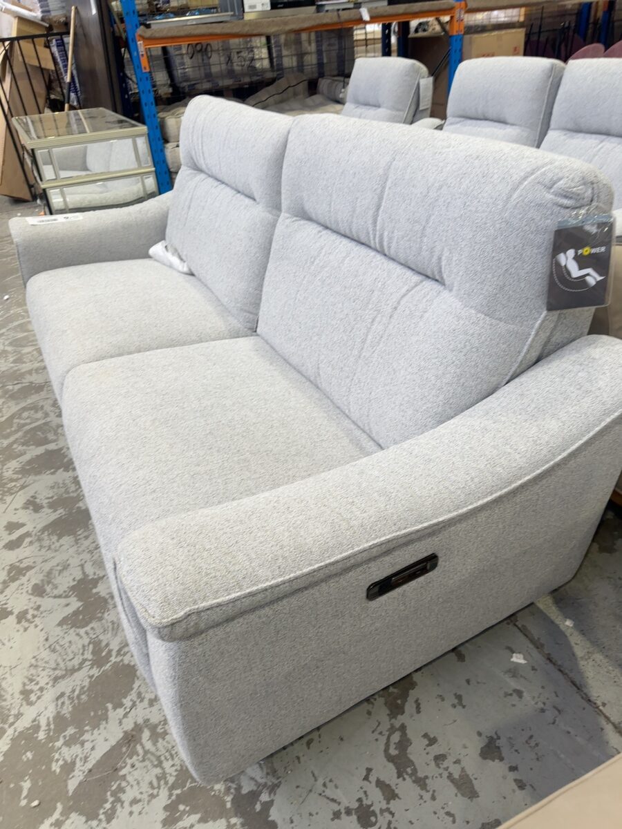 NEW SAMPLE COUCH - BENNETT LOUNGE SUITE, POLAR GREY BOUCLE UPHOLSTERY 3 SEATER, 2 SEATER AND SINGLE ARMCHAIR, ALL WITH ELECTRIC RECLINERS, SOLD AS IS