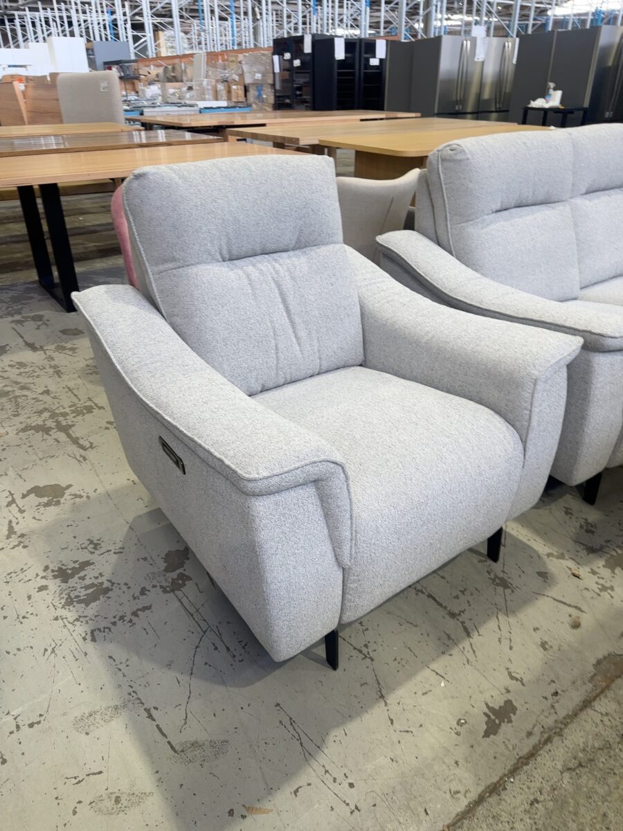 NEW SAMPLE COUCH - BENNETT LOUNGE SUITE, POLAR GREY BOUCLE UPHOLSTERY 3 SEATER, 2 SEATER AND SINGLE ARMCHAIR, ALL WITH ELECTRIC RECLINERS, SOLD AS IS