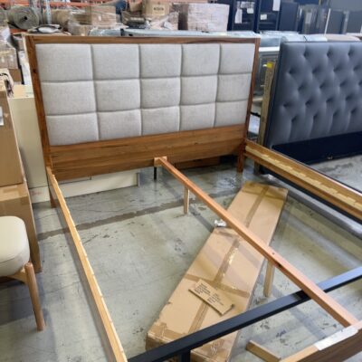NEW JINDI QUEEN SIZE BEDFRAME, MARRI TIMBER WITH UPHOLSTERED BEDHEAD