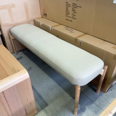 NEW KINGSTON TAUPE LEATHER BED STOOL, MESSMATE TIMBER & LEATHER
