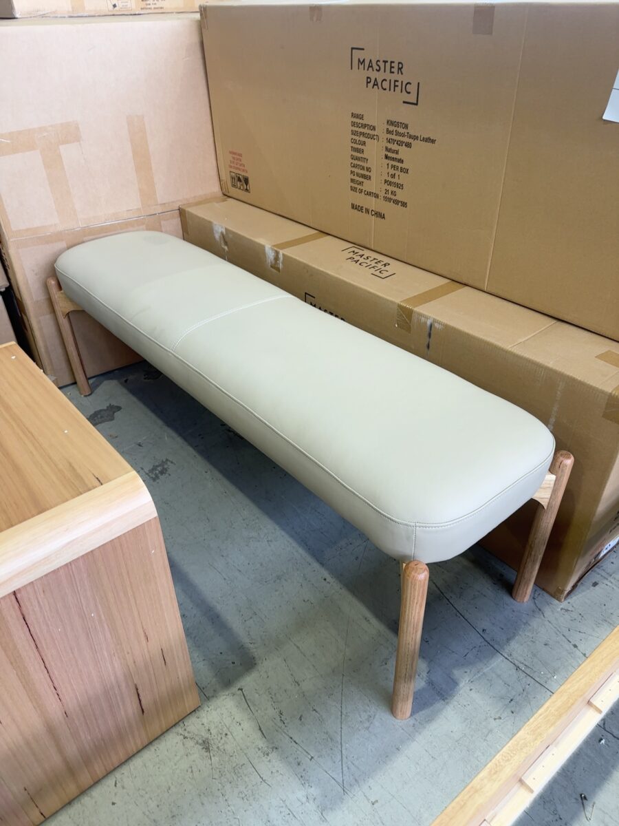 NEW KINGSTON TAUPE LEATHER BED STOOL, MESSMATE TIMBER & LEATHER