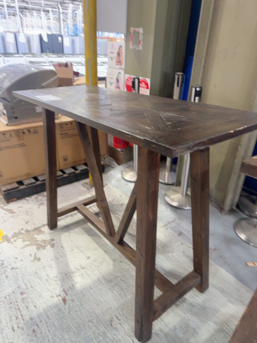 EX HIRE DARK TIMBER RUSTIC FRENCH STYLE 1500MM X 600MM BAR TABLE, HERRINGBONE TOP, SOLD AS IS