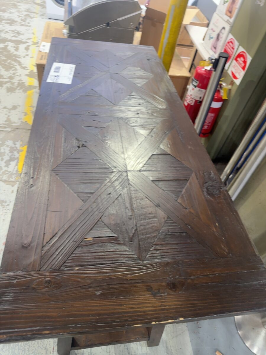 EX HIRE DARK TIMBER RUSTIC FRENCH STYLE 1500MM X 600MM BAR TABLE, HERRINGBONE TOP, SOLD AS IS
