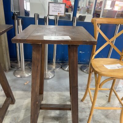 EX HIRE DARK TIMBER RUSTIC FRENCH STYLE 600MM X 600MM BAR TABLE, HERRINGBONE TOP, SOLD AS IS