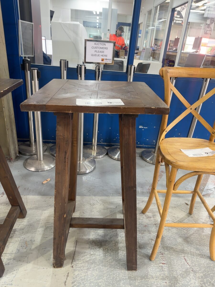 EX HIRE DARK TIMBER RUSTIC FRENCH STYLE 600MM X 600MM BAR TABLE, HERRINGBONE TOP, SOLD AS IS