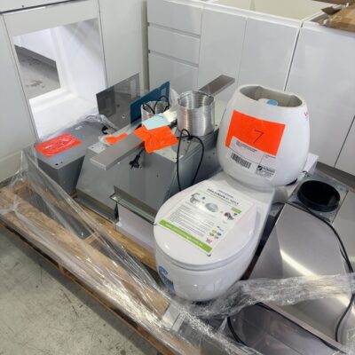 PALLET OF RANGEHOODS AND JOHNSON SUISSE TOILET SUITE, SOLD AS IS NO WARRANTY