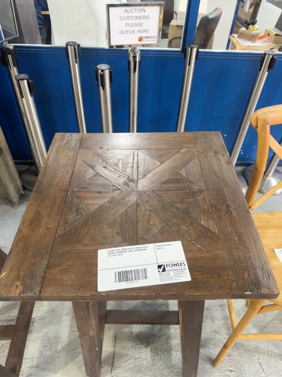 EX HIRE DARK TIMBER RUSTIC FRENCH STYLE 600MM X 600MM BAR TABLE, HERRINGBONE TOP, SOLD AS IS