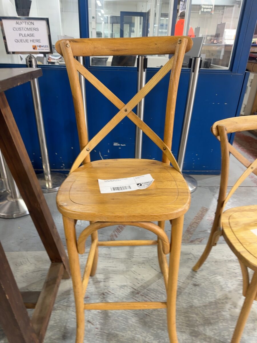 EX HIRE LIGHT OAK FRENCH STYLE CROSS BACK BAR CHAIR, SOLD AS IS