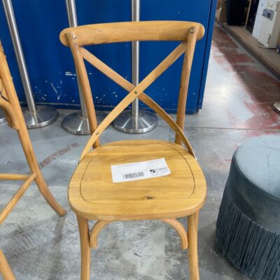 EX HIRE LIGHT OAK FRENCH STYLE CROSS BACK CAFE DINING CHAIR, SOLD AS IS