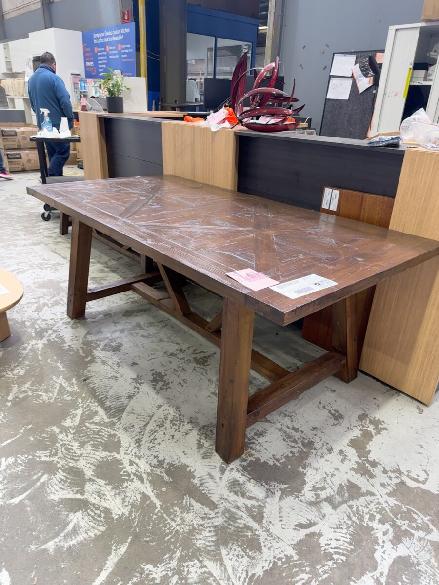 EX HIRE DARK TIMBER RUSTIC FRENCH STYLE DINING TABLE, HERRINGBONE TOP, 2000MM X 1000MM WITH 2 X MATCHING BENCH SEATS SOLD AS IS