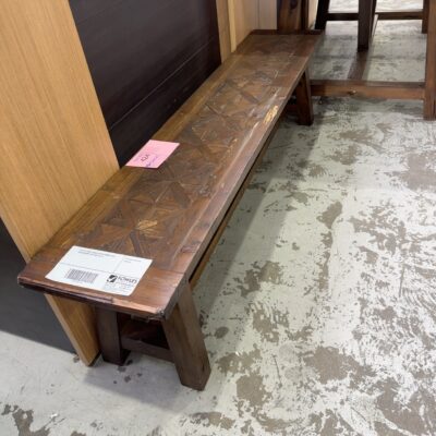 EX HIRE DARK TIMBER RUSTIC BENCH SEAT, HERRINGBONE TOP SOLD AS IS