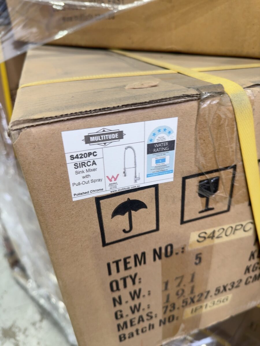 PALLET OF BATHROOM ACCESSORIES & TAPWARE, INCLUDING SWIVEL SPOUTS, TALL BASIN MIXERS CHROME, COMMERCIAL STYLE PULL OUT MIXERS CHROME, ROSE GOLD TOWEL RAILS, TOILET ROLL HOLDERS, BLACK CEILING ROSES, ETC SOLD AS IS