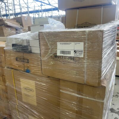 PALLET OF CHROME BENCH MOUNT SPOUTS, TOWEL RINGS, CEILING DROPPERS ETC