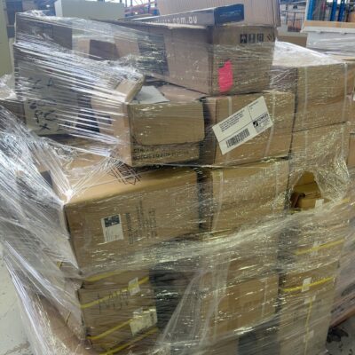 PALLET OF MATTE WHITE DECK MOUNT HOT & COLD TAPS, MATTE WHITE SHELF, SINGLE TOWEL RAILS, CEILING DROPPERS, TOILET ROLL HOLDERS, ETC SOLD AS IS