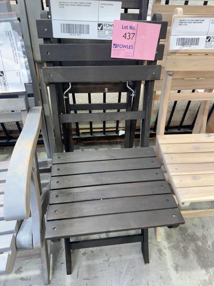 NEW BOX OF 2 QTY SOFIA TIMBER FOLDING DINING CHAIR, ACACIA TIMBER ESPRESSO, 673756