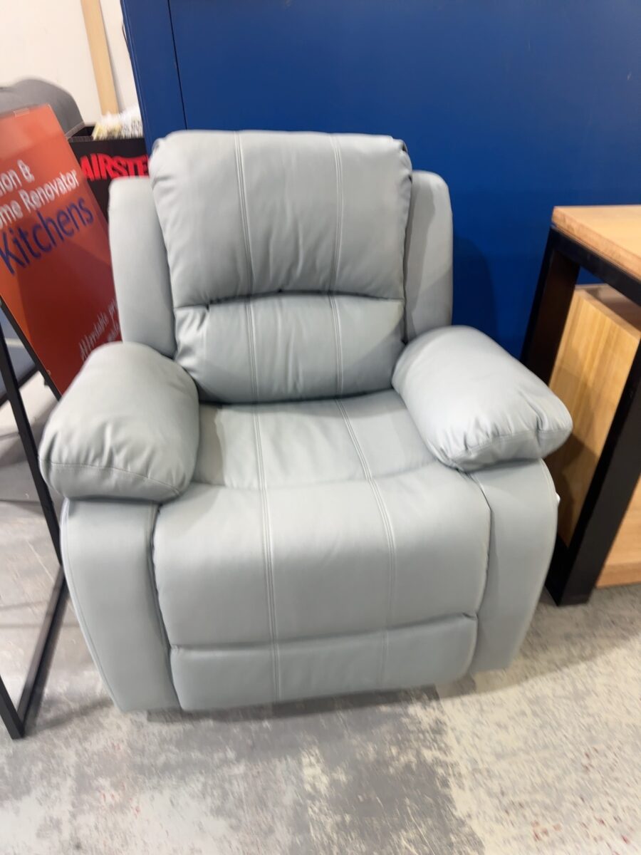 NEW LIGHT BLUE PU ARMCHAIR WITH MANUAL RECLINER, SOLD AS IS