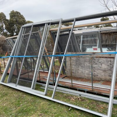 3000X4640 UNGLAZED ALUMINIUM SLIDING DOOR UNIT C/W FLYSCREENS