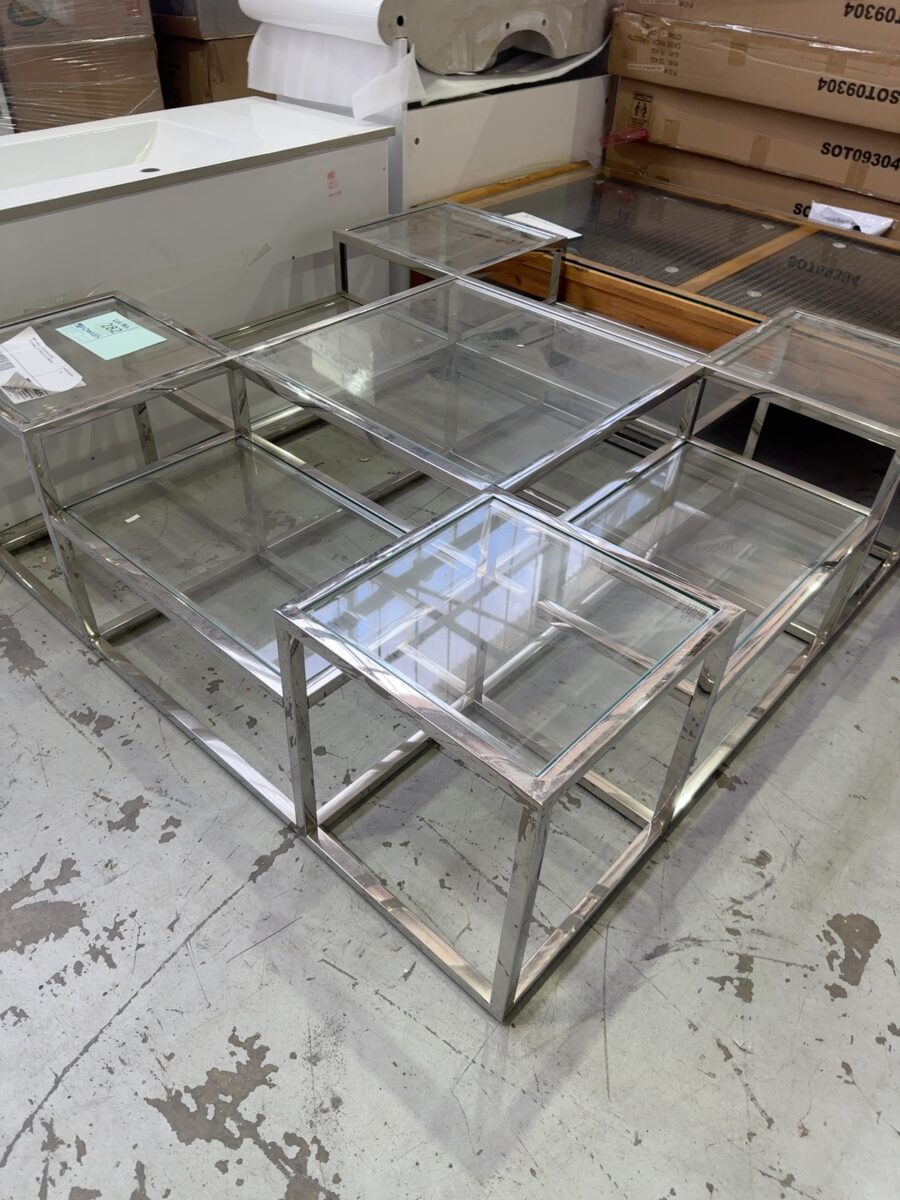 NEW BOXED SAYER S/STEEL & GLASS DESIGNER COFFEE TABLE, AU1142 RRP$799
