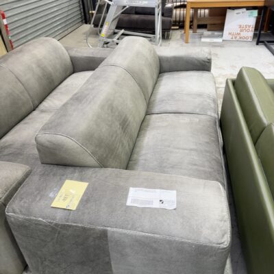 EX STAGING HIRE - LARGE GREY 3 SEATER SOFA WITH WHITE EXPOSED STITCHING, SOLD AS IS