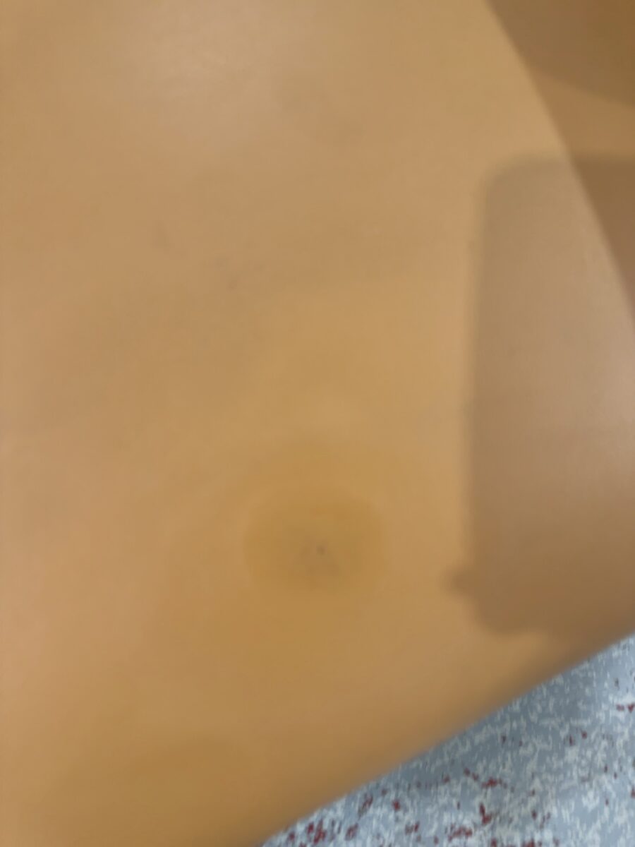 EX STAGING HIRE - TAN VINYL MID CENTURY STYLE 2 SEATER COUCH, SOLD AS IS **SOME SMALL MARKS, RUBS, SCRATCHES**