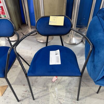 EX STAGING HIRE - BLUE VELVET CHAIR, BLACK METAL FRAME, SOLD AS IS