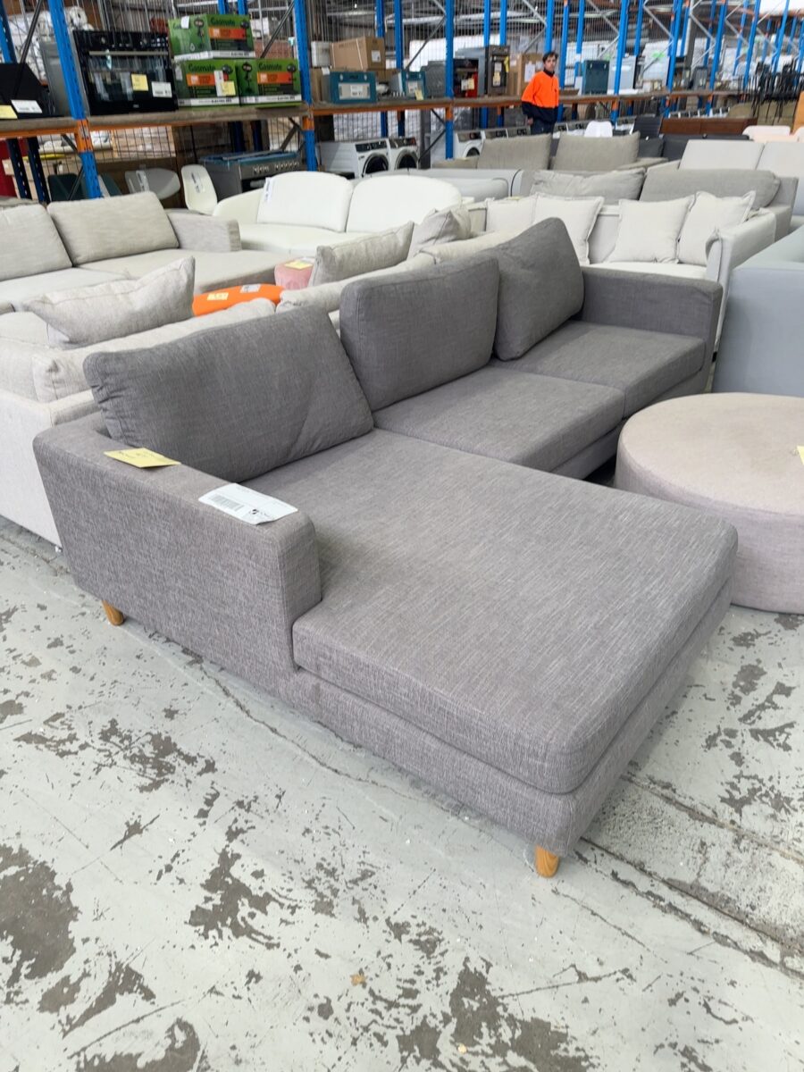 EX STAGING HIRE - DARK GREY COUCH WITH CHAISE, SOLD AS IS