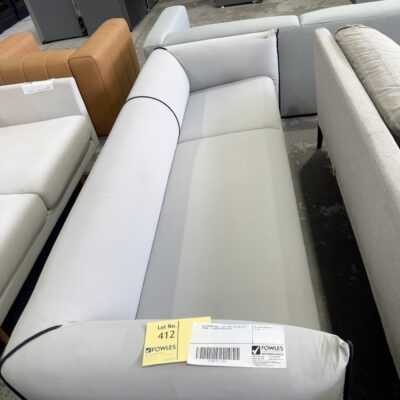 EX STAGING HIRE - GREY SOFA WITH BLACK PIPING, 2.5 SEATER SOLD AS IS