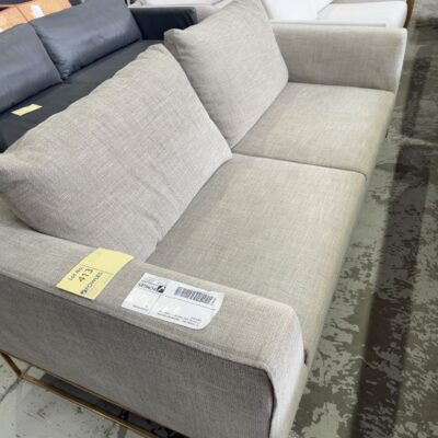 EX STAGING HIRE - BROWN/GREY MATERIAL 2.5 SEATER SOFA, GOLD METAL FRAME LEGS, SOLD AS IS