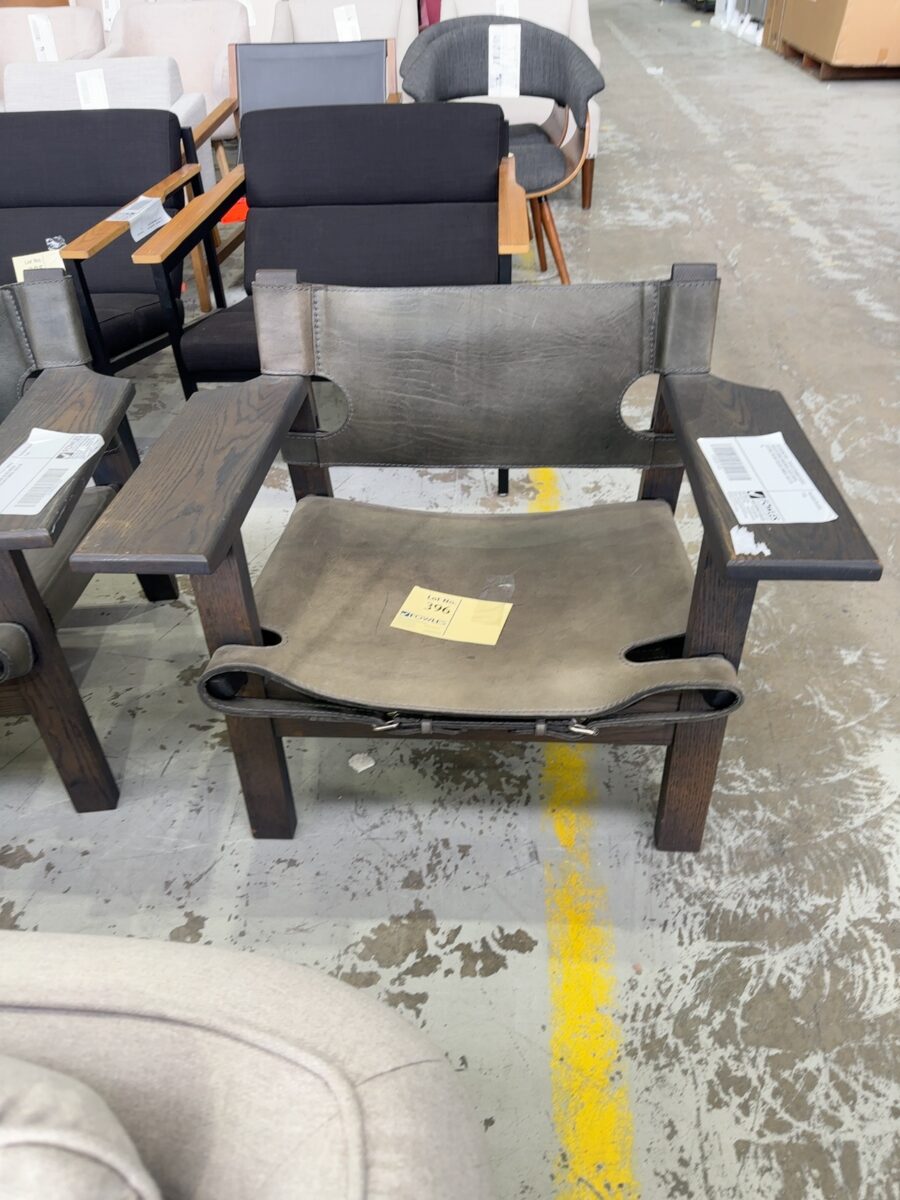 EX STAGING HIRE - REPLICA SPANISH SADDLE CHAIR BY BORGE MOGENSEN, OLIVE GREEN LEATHER, WALNUT COLOUR TIMBER, SOLD AS IS
