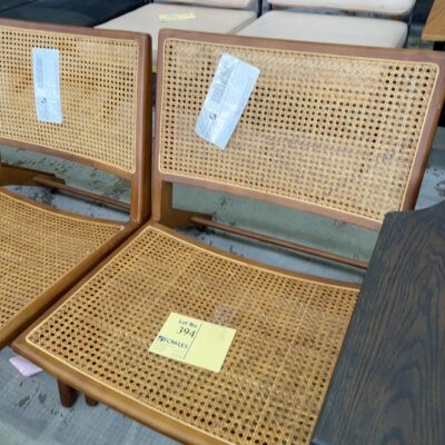 EX STAGING HIRE - LOW TIMBER FRAMED CHAIR WITH RATTAN SEAT AND BACK, SOLD AS IS