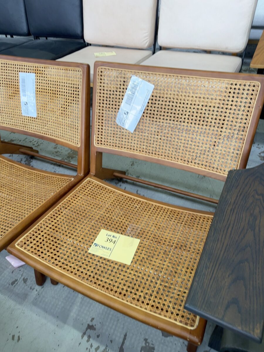 EX STAGING HIRE - LOW TIMBER FRAMED CHAIR WITH RATTAN SEAT AND BACK, SOLD AS IS