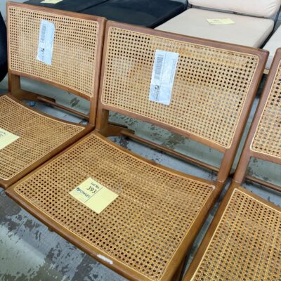 EX STAGING HIRE - LOW TIMBER FRAMED CHAIR WITH RATTAN SEAT AND BACK, SOLD AS IS