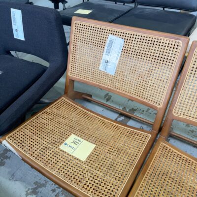 EX STAGING HIRE - LOW TIMBER FRAMED CHAIR WITH RATTAN SEAT AND BACK, SOLD AS IS