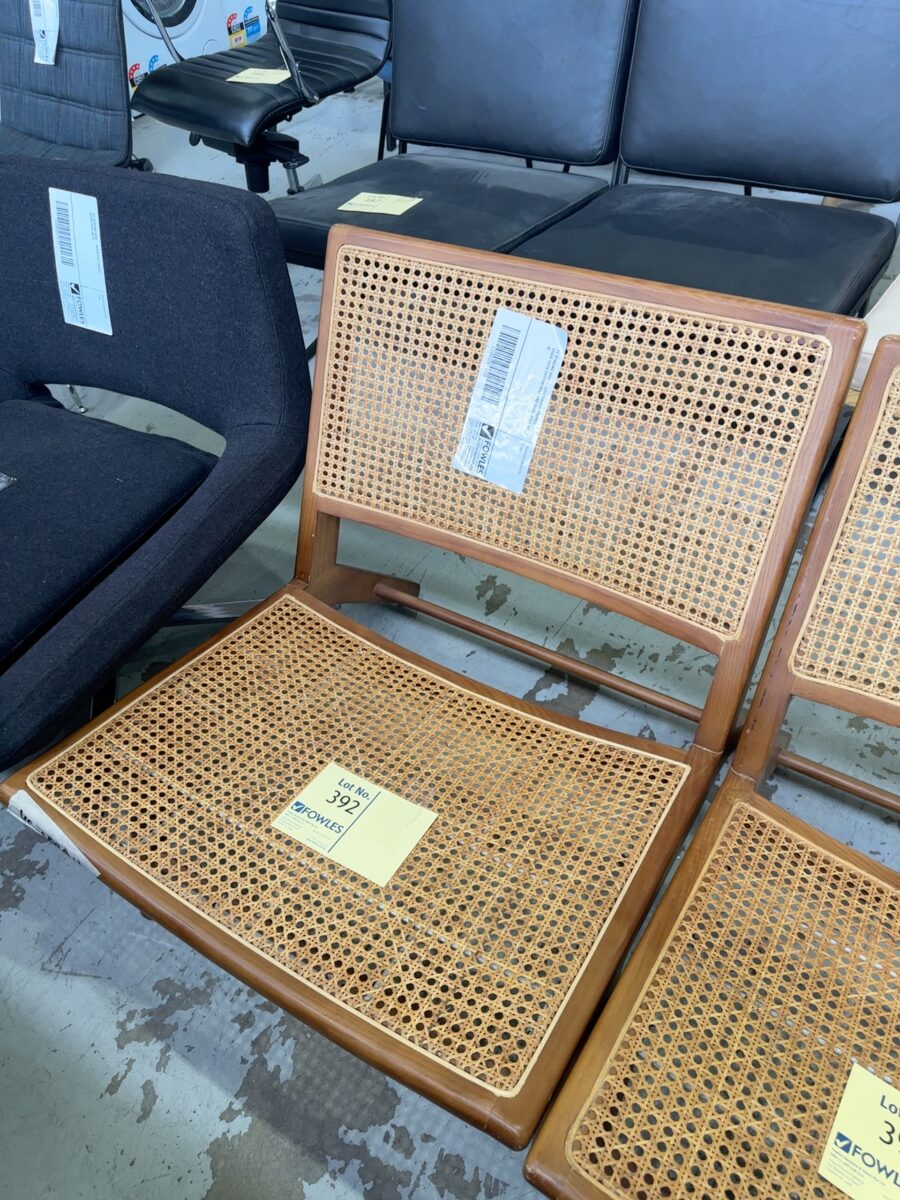 EX STAGING HIRE - LOW TIMBER FRAMED CHAIR WITH RATTAN SEAT AND BACK, SOLD AS IS