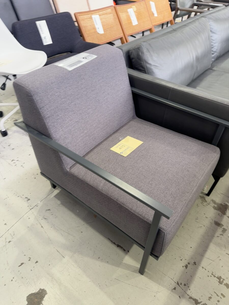 EX STAGING HIRE - GREY ARMCHAIR WITH METAL FRAME, SOLD AS IS