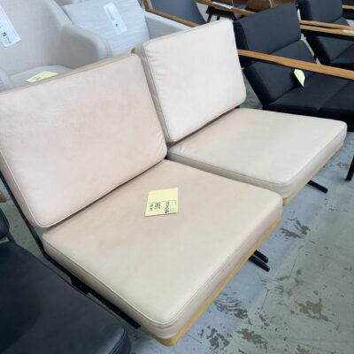 EX STAGING HIRE - CREAM LEATHER CHAIR, TIMBER FRAME, SOLD AS IS