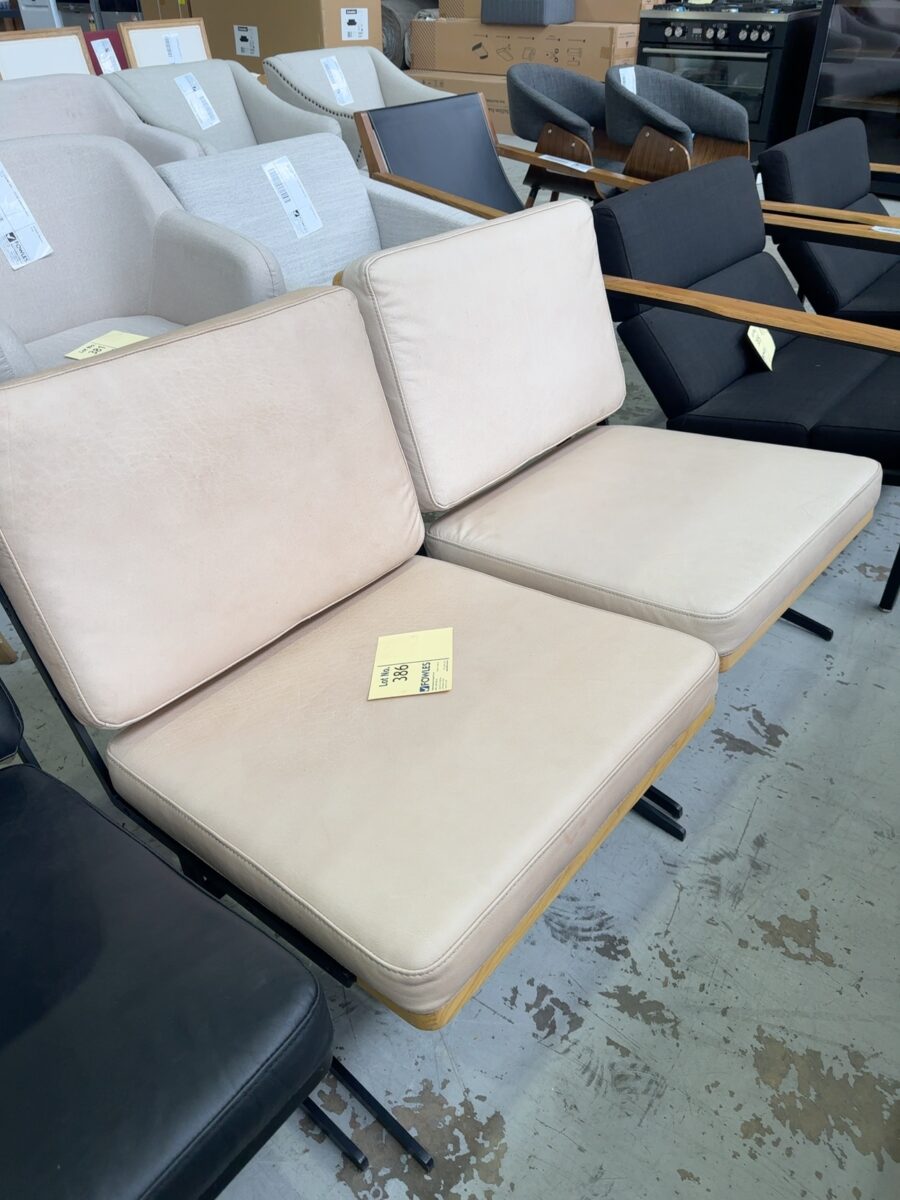 EX STAGING HIRE - CREAM LEATHER CHAIR, TIMBER FRAME, SOLD AS IS
