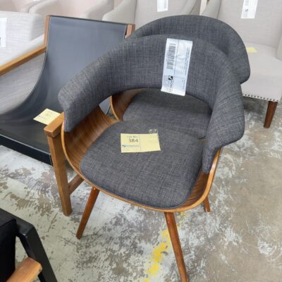 EX STAGING HIRE - DARK GREY MID CENTURY CHAIR, CURVED TIMBER, SOLD AS IS