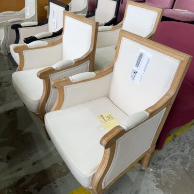 EX STAGING HIRE - FRENCH PROVINCIAL OAK & WHITE LINEN ARMCHAIR, SOLD AS IS