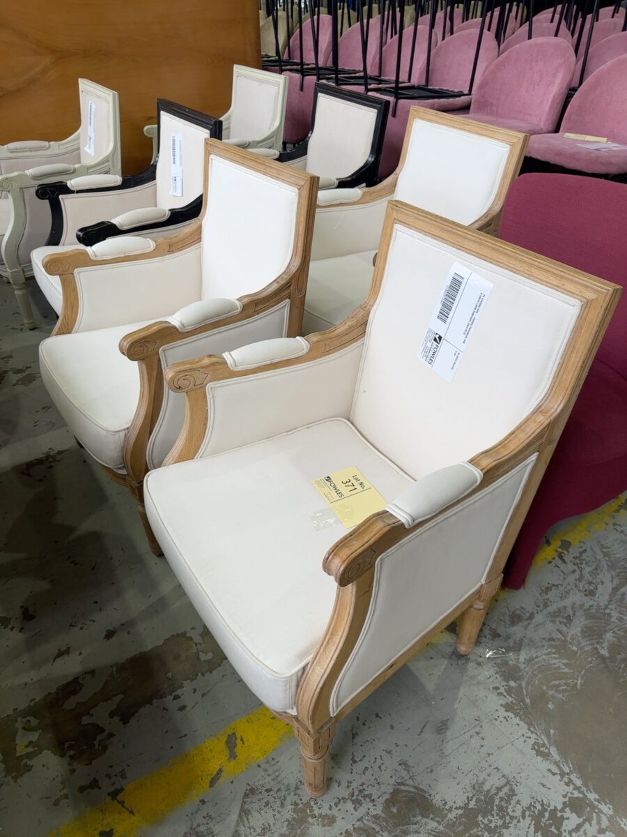 EX STAGING HIRE - FRENCH PROVINCIAL OAK & WHITE LINEN ARMCHAIR, SOLD AS IS