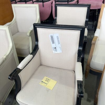 EX STAGING HIRE - FRENCH PROVINCIAL BLACK FRAMED ARMCHAIR WITH LINEN UPHOLSTERED SEAT AND BACK, SOLD AS IS