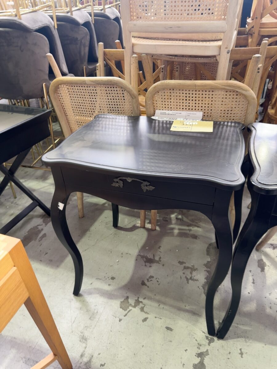 EX STAGING - BLACK CURVED QUEEN ANNE BEDSIDE/SIDE TABLE SOLD AS IS