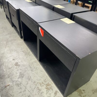 EX STAGING - BLACK TIMBER BEDSIDE, 1 DRAWER SOLD AS IS