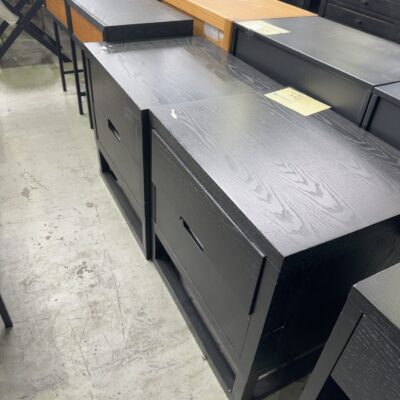 EX STAGING - BLACK TIMBER BEDSIDE, 2 DRAWER SOLD AS IS