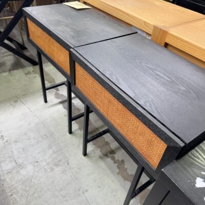 EX STAGING - BLACK TIMBER BEDSIDE, WITH TAN RATTAN DRAWER SOLD AS IS