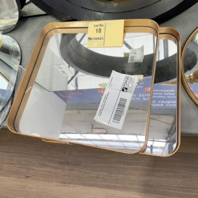 EX STAGING - SET OF 2 SQUARE GOLD FRAMED MIRROR SOLD AS IS, SOME DAMAGE
