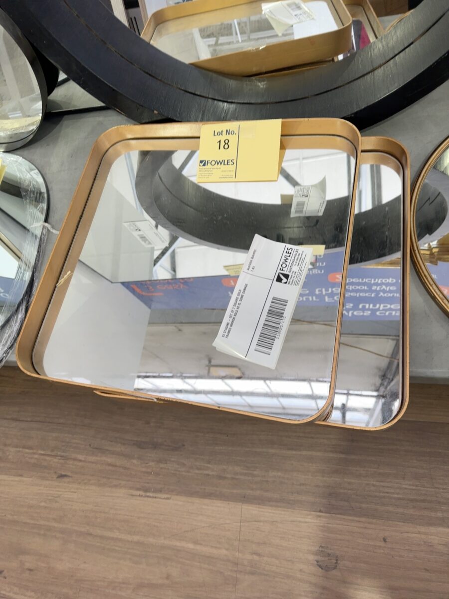 EX STAGING - SET OF 2 SQUARE GOLD FRAMED MIRROR SOLD AS IS, SOME DAMAGE