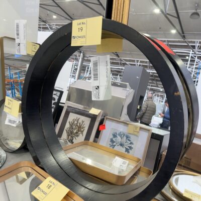 EX STAGING - ROUND BLACK TIMBER FRAMED MIRROR SOLD AS IS, SOME DAMAGE