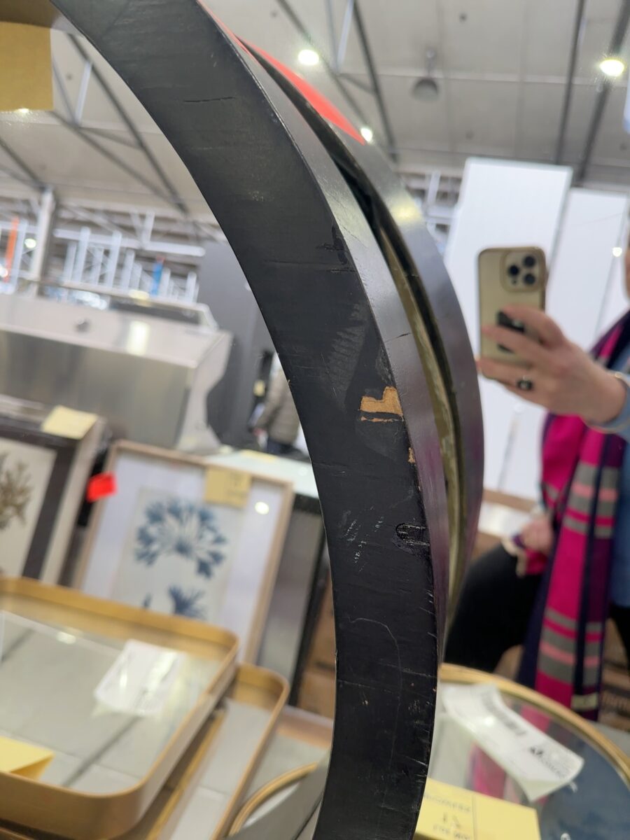 EX STAGING - ROUND BLACK TIMBER FRAMED MIRROR SOLD AS IS, SOME DAMAGE