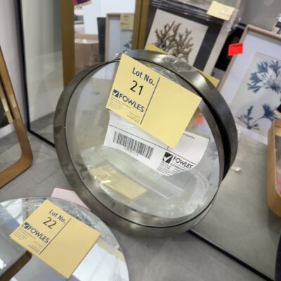 EX STAGING - SMALL ROUND BLACK FRAMED MIRROR SOLD AS IS, SOME DAMAGE
